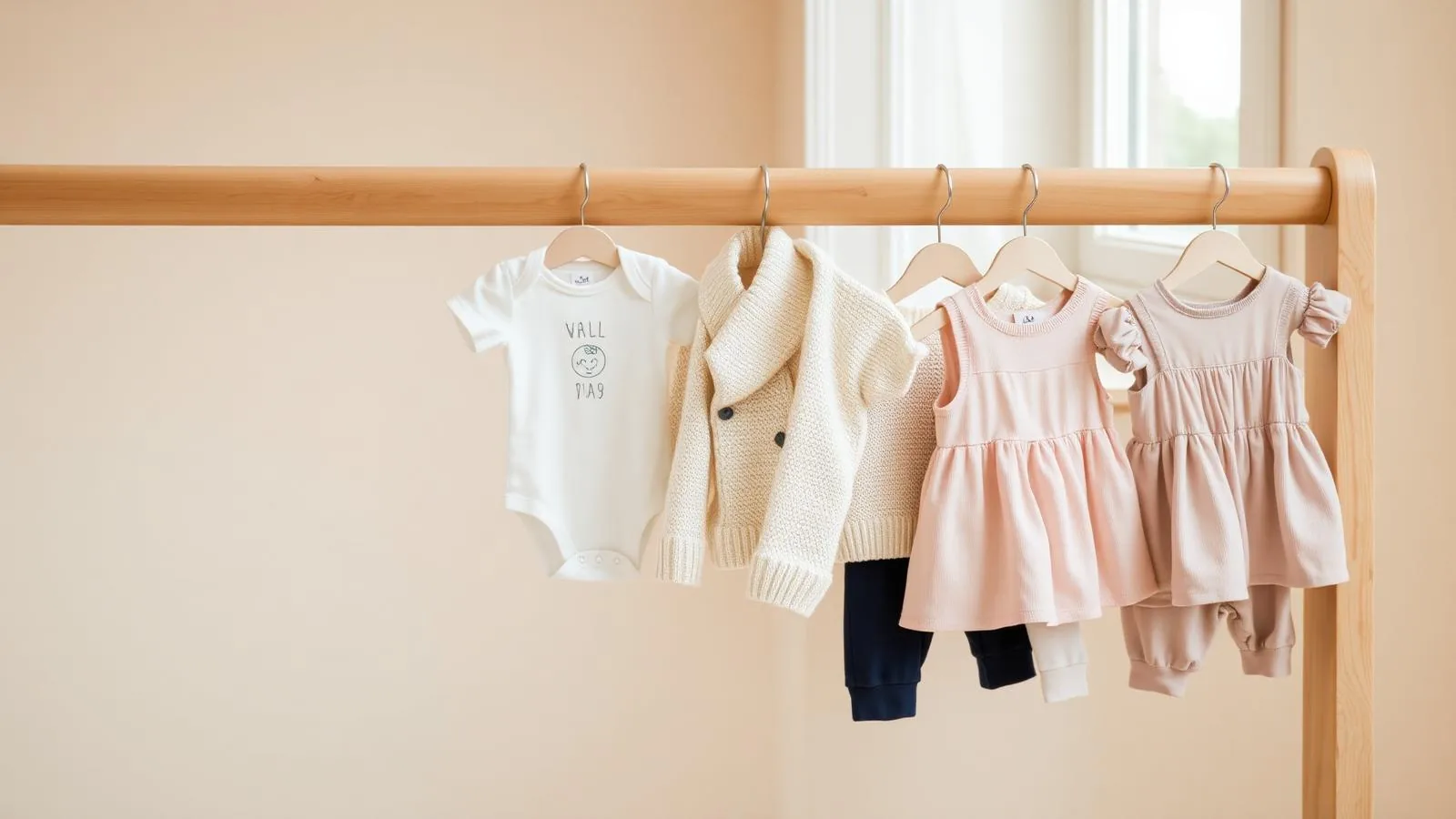 Ahşap askılıkta asılı bebek ve çocuk giysileri